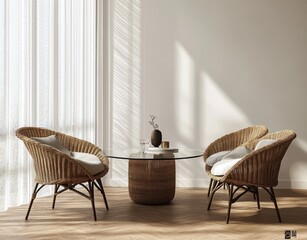 Poster - Scandinavian Minimalist Dining Room Interior with Rattan Chairs and Glass Table in Cozy Setting
