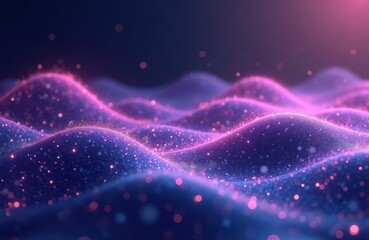 Poster - Abstract digital waves in purple, blue colors. Glittering particles create wavy forms. Dynamic, futuristic design. Suitable for tech, digital art, abstract backgrounds. Modern, creative visuals.
