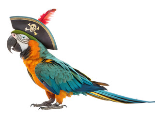 parrot wearing a pirate hat cut out isolated on white background