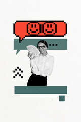 Poster - Trend template sketch design 3D photo collage of dialog bubble empty space media young lady businesswoman stand hold rich savings money