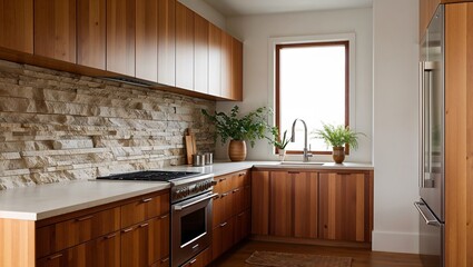 a modern minimalist kitchen in warm earth tones, featuring bamboo cabinetry and textured stone backsplash