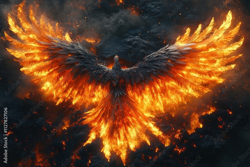 Phoenix Rising from Ashes in Surrealist Style with Fiery Wings and Dark ...