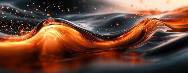 Poster - Abstract Orange and Black Fluid Dynamics Art with Waves and Light Reflection