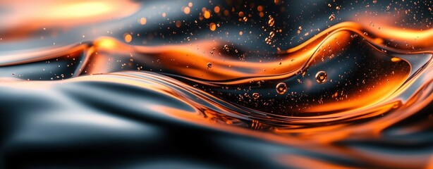 Poster - Abstract Fluid Dynamics with Orange and Black Waves Reflecting Light