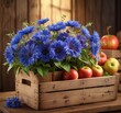 © Hugnaka - Cornflower and apple bouquet on a vintage wooden crate against a warm background, crate, rustic, art