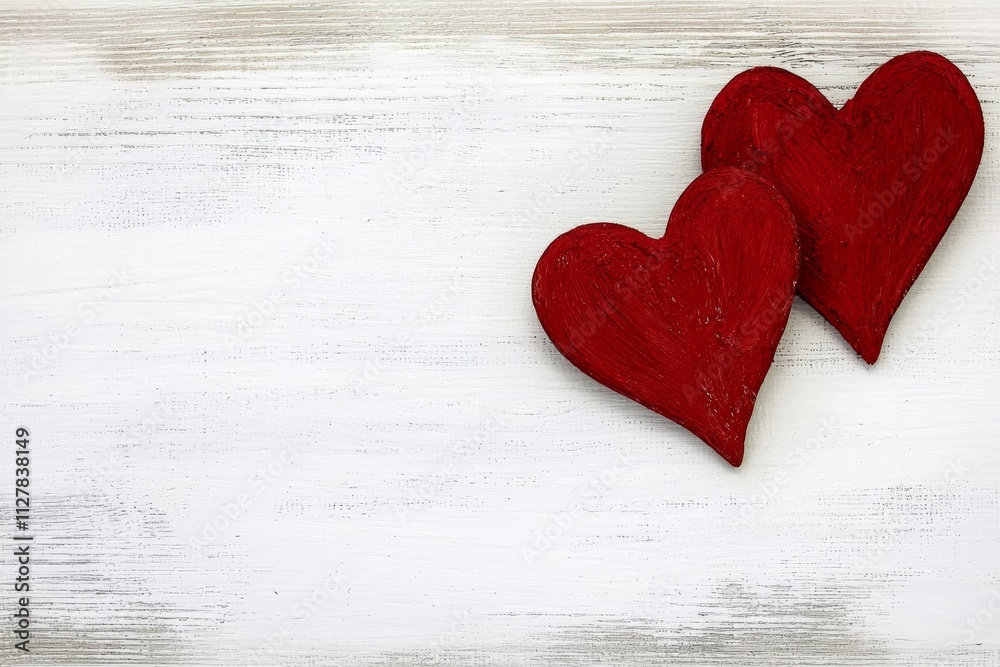 Two red heart shapes on a textured white background for love and ...