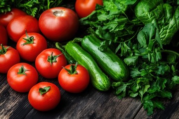 Wall Mural - Fresh Organic Vegetables Including Tomatoes, Cucumbers, and Greens