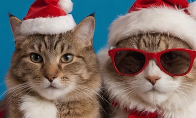 Wall Mural - cats wearing a santa claus hat, kitten wearing sunglass