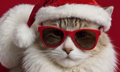 Wall Mural - portrait of a cat wearing a santa claus hat, kitten wearing sunglass