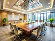 © nick - A panoramic view of a vacant, pristine corporate conference room; serious, professional atmosphere.