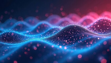 Poster - Abstract digital waves with glowing blue, pink dots form futuristic background. Data flow sound waves represented by undulating patterns. Dynamic light effects create sense of movement, energy.