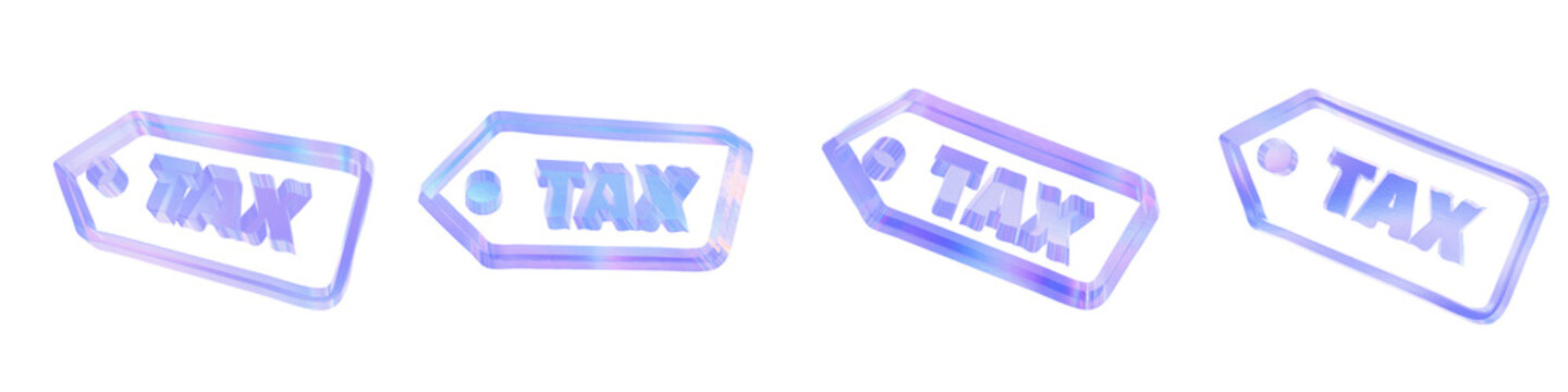 Set of 4 3d glass tax label outline shape with aberration effect isolated on a transparent background. Blue tone. 3d transparent elements for graphic design.