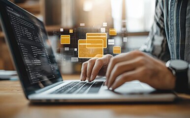 Poster - Businessman Working on Laptop with Virtual Folder Icon Document Management System DMS File Organization