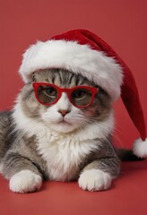 Wall Mural - cat wearing santa hat, kitty with sunglasses