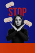 © deagreez - Composite trend artwork 3D sketch image photo collage of bully harassment stress abuse discrimination young woman hand gesture cross stop