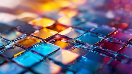 Aufkleber - Vibrant close up of colorful glass tiles reflecting light, creating stunning visual effect. interplay of colors and reflections adds depth and beauty to composition