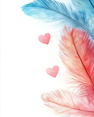 Poster - Delicate watercolor feathers in blue and pink with heart accents create soft, romantic atmosphere. Perfect for expressing love and affection in art or design