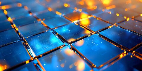 Poster - Futuristic solar cells with glossy surface reflecting light, showcasing advanced technology and innovation. vibrant colors create captivating visual effect
