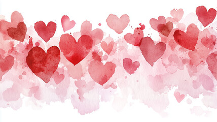 Poster - Romantic watercolor illustration featuring soft brush strokes of red hearts, creating dreamy and affectionate atmosphere. Perfect for expressing love and warmth