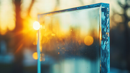 Poster - transparent glass panel reflecting sunlight during sunset, showcasing beautiful colors and bokeh effects. warm glow creates serene atmosphere