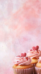 Leinwandbilder - Whimsical cupcakes with pink frosting and heart toppings on soft pastel background evoke sweet and romantic atmosphere. Perfect for celebrations and desserts