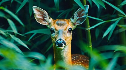 Poster - Close-up of a deer in lush green bamboo forest, serene wildlife moment. Nature conservation and wildlife photography concept