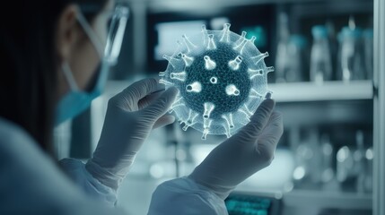Poster - Scientist in Laboratory Holding Digital Model of Virus, Exploring Microscopic Structures Using Advanced Technology and Innovative Research Methods for Health Solutions