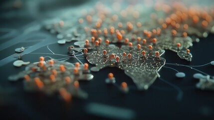 Poster - Detailed Close-Up of a Global Map with Pushpins Indicating Locations, Representing Connections and Data Points Across Continents, Ideal for Visualizing Geographic Information