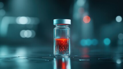 Poster - Glass vial containing vibrant red liquid on a reflective surface with a blurred abstract background, symbolizing science and modern technology in laboratory settings