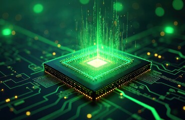 Poster - Abstract quantum computer chip core glows vibrant green light. Swirling data streams, complex algorithms orbit around. High-tech background shows circuit board. Advanced tech innovation. Future of