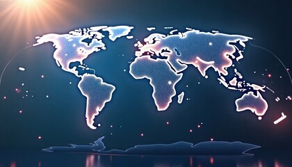 Poster - Global tech connectivity illustrated. World map shows glowing lines connecting various points. Image shows global communication, tech power. Interconnected world. Digital world map. Global network.