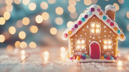 Wall Mural - Gingerbread house adorned with bright icing and candy, surrounded by warm lights creating a cozy Christmas atmosphere