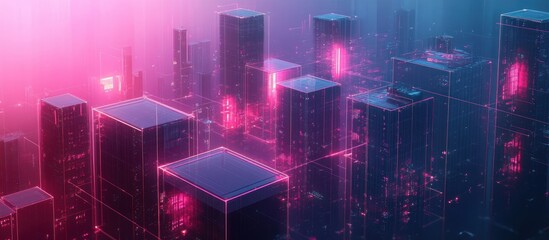 Poster - Futuristic Cyberpunk Cityscape with Neon Lights and Geometric Design