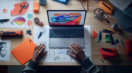 Poster - Creative design session home office digital artwork productive environment top-down perspective concept development for innovation