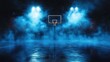 © zong - Illuminated basketball court with hoop and dramatic blue smoke under spotlights in a dark urban setting