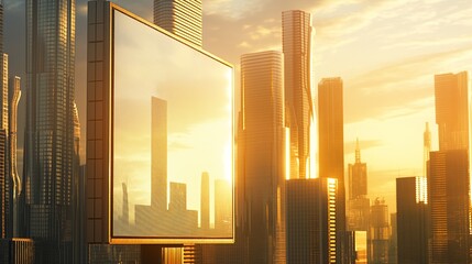 A sleek and modern billboard standing tall in the middle of a bustling cityscape, with futuristic skyscrapers reflecting the golden rays of the setting sun in the background. 