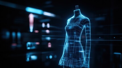 Aufkleber - Digital Representation of a Fashion Mannequin in a Virtual Space Surrounded by Futuristic Graphics and Neon Lights for Fashion Innovation and Technology Concepts