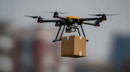 Aufkleber - Aerial Delivery Drone Transporting Package Over Urban Landscape, Symbolizing Future of Logistics and E-Commerce in Modern City Environment
