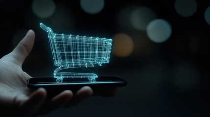 Poster - Modern Technology and Shopping Concepts with Holographic Shopping Cart Displayed on Smartphone Enhancing Digital Experience and Retail Interaction