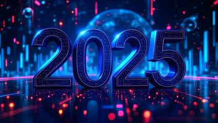 Fototapete - 2025 new year 3d text on futuristic technology background.