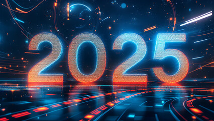 Poster - 2025 new year 3d text on futuristic technology background.