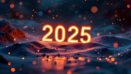 Poster - 2025 new year 3d text on futuristic technology background.