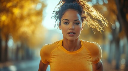Poster - A young woman with curly hair jogs confidently along a tree-lined path. She wears a bright yellow shirt, surrounded by golden autumn leaves under a clear sky.