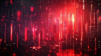 Poster - Futuristic City Skyline at Night with Red Neon Lights and Digital Data Flowing Abstract Shapes
