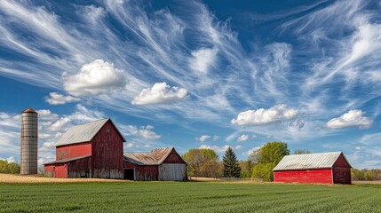 Wall Mural - Red Barns Under a Blue Sky with Puffy White Clouds and Green Grass