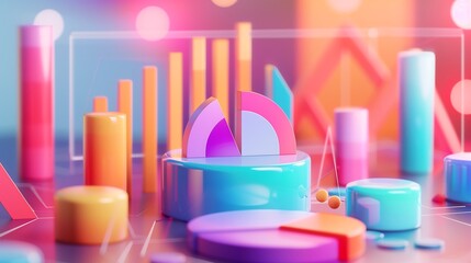 Poster - 3D business data visualization of sales growth with colorful bar graphs and rotating pie charts, showing dynamic real-time statistics.