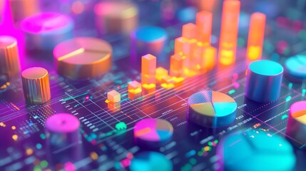 Poster - 3D business data visualization of sales growth with colorful bar graphs and rotating pie charts, showing dynamic real-time statistics.