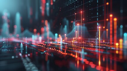 Poster - 3D digital visualization of market share statistics with rotating graphs, highlighting key data points in a futuristic business setting.