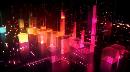 Poster - 3D graph visualization of business statistics with an upward trend, incorporating rotating cubes, glowing data points, and smooth transitions.