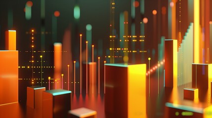 Poster - 3D graph visualization of business statistics with an upward trend, incorporating rotating cubes, glowing data points, and smooth transitions.